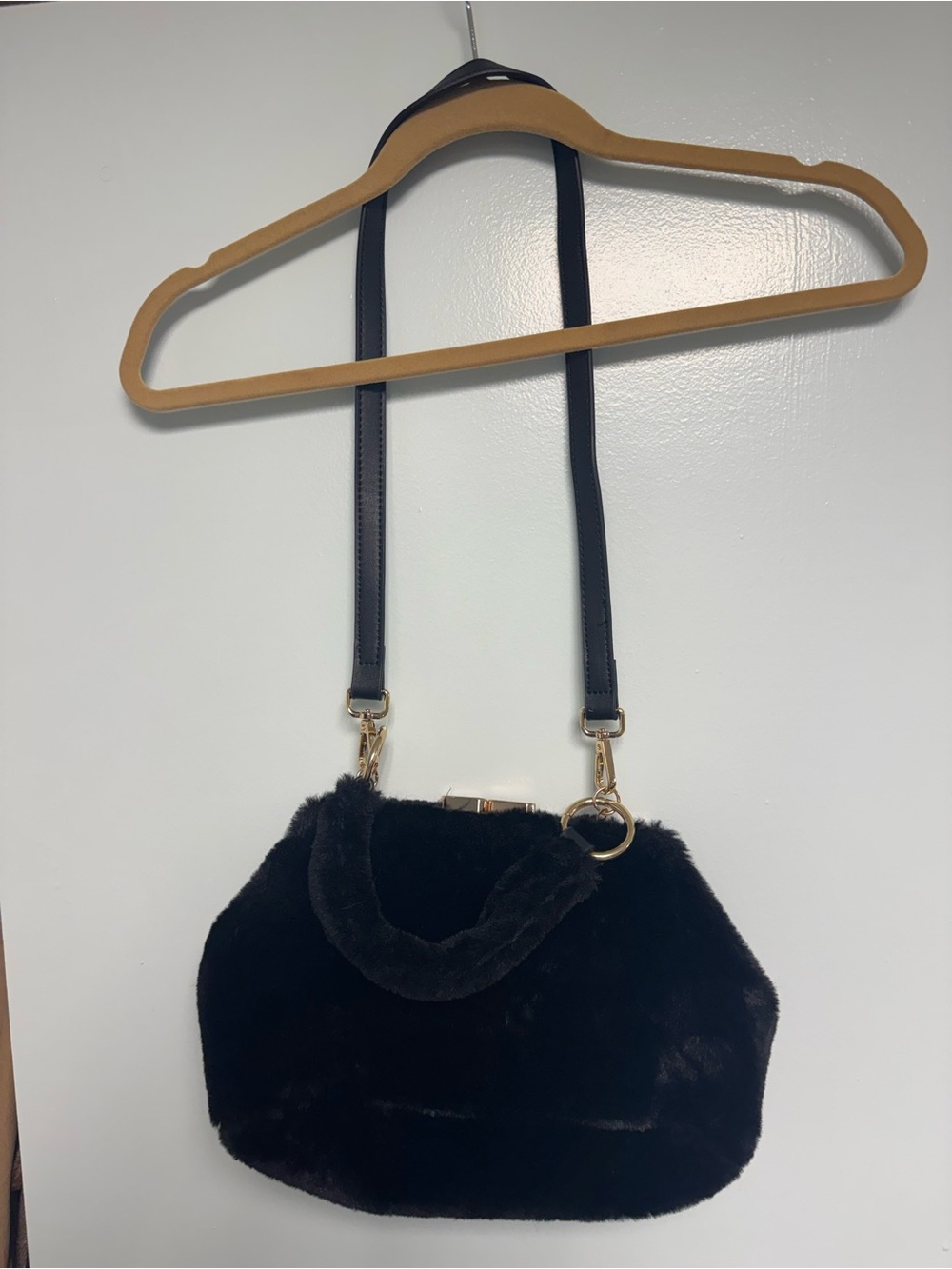 Topshop Black Faux Fur Shoulder Bag with Gold Hardware